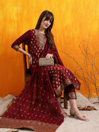 Banarasi Jacquard Kurta With Pant & Banarasi Jacquard Dupatta, Maroon - Hiral Fashion | Grocsy