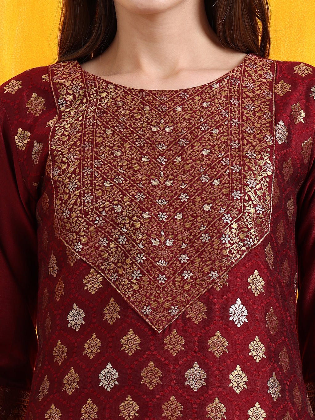 Banarasi Jacquard Kurta With Pant & Banarasi Jacquard Dupatta, Maroon - Hiral Fashion | Grocsy