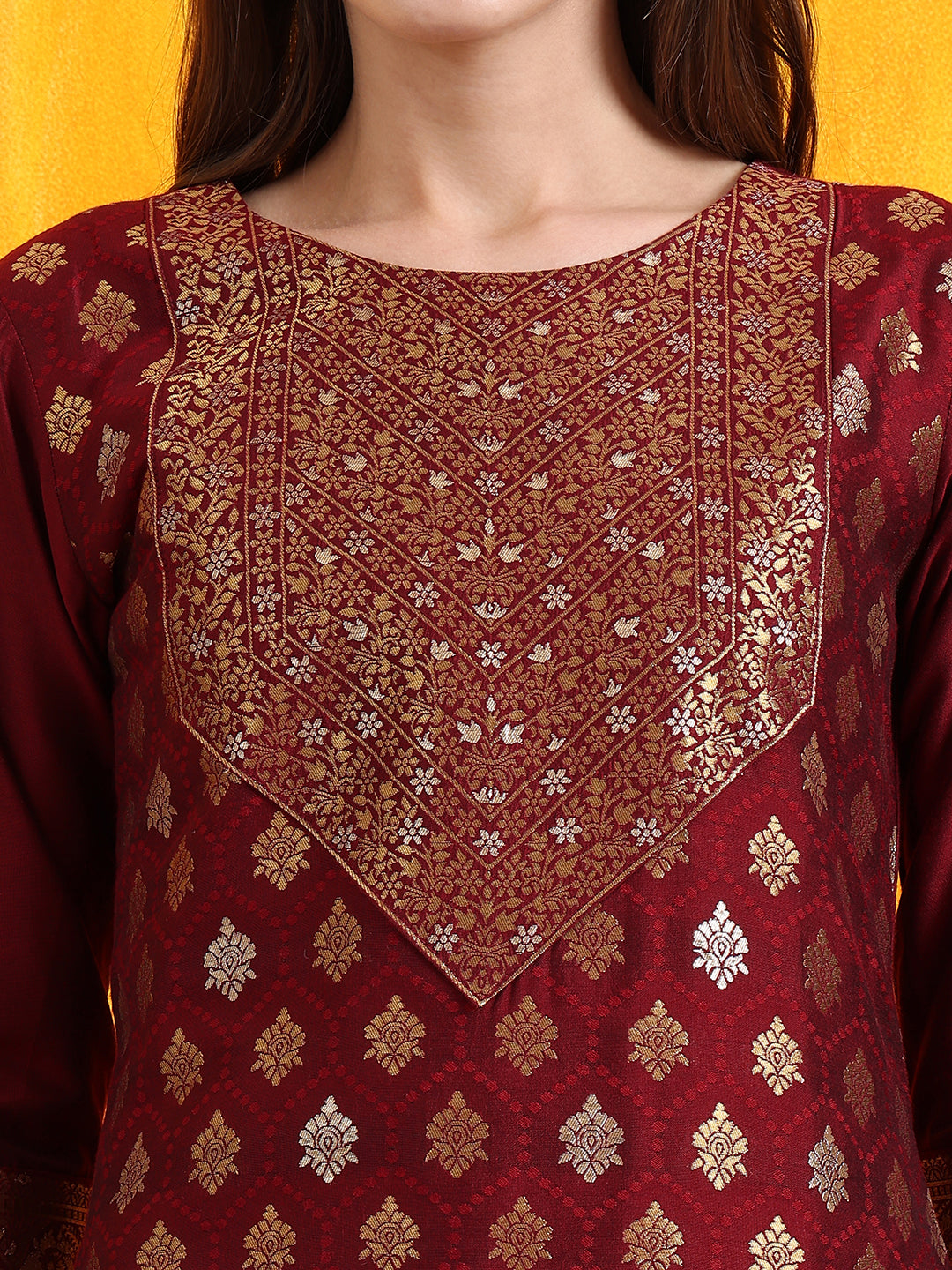 Banarasi Jacquard Kurta With Pant & Banarasi Jacquard Dupatta, Maroon - Hiral Fashion | Grocsy