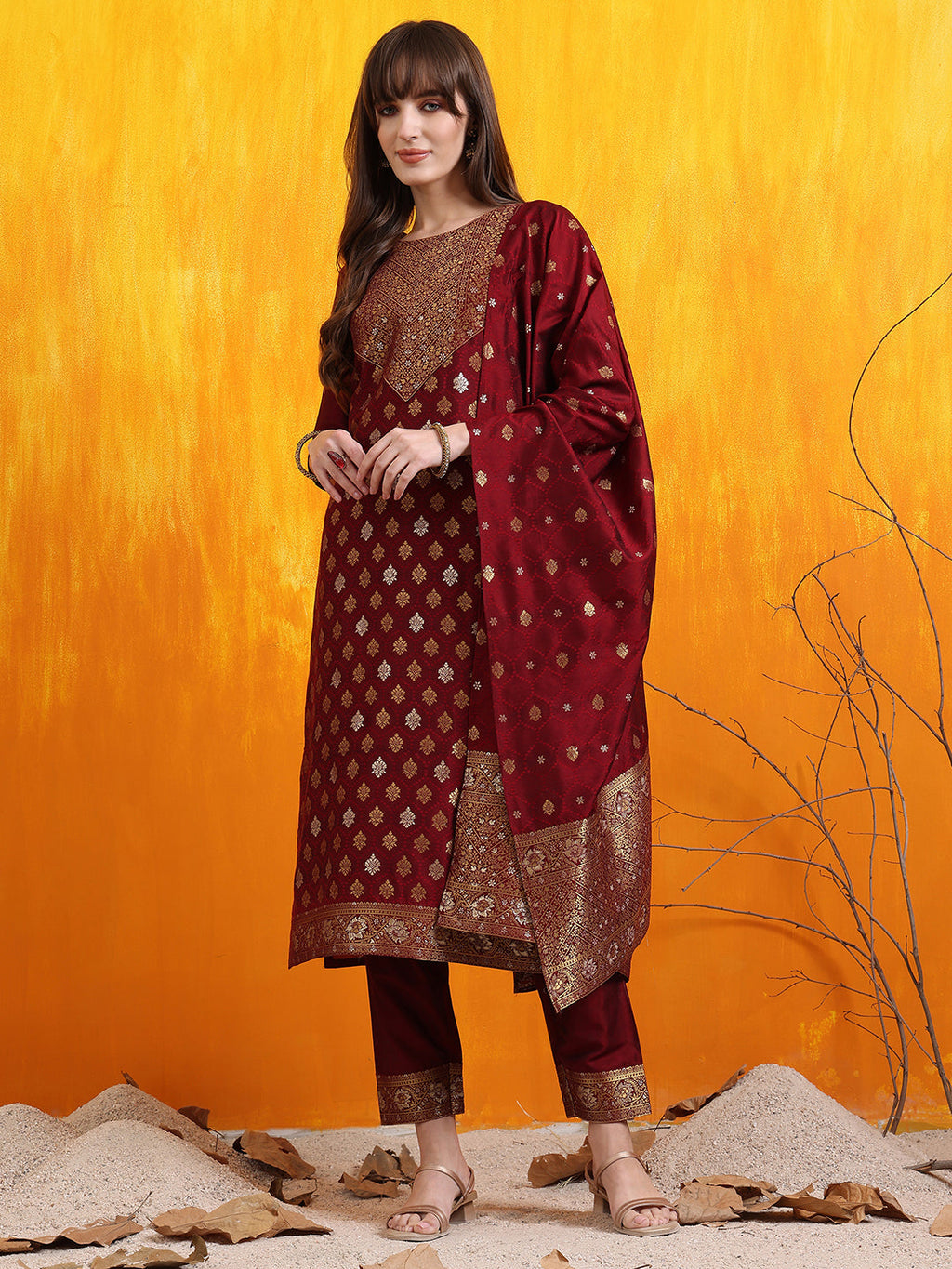 Banarasi Jacquard Kurta With Pant & Banarasi Jacquard Dupatta, Maroon - Hiral Fashion | Grocsy