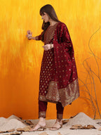 Banarasi Jacquard Kurta With Pant & Banarasi Jacquard Dupatta, Maroon - Hiral Fashion | Grocsy