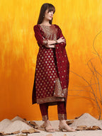 Banarasi Jacquard Kurta With Pant & Banarasi Jacquard Dupatta, Maroon - Hiral Fashion | Grocsy