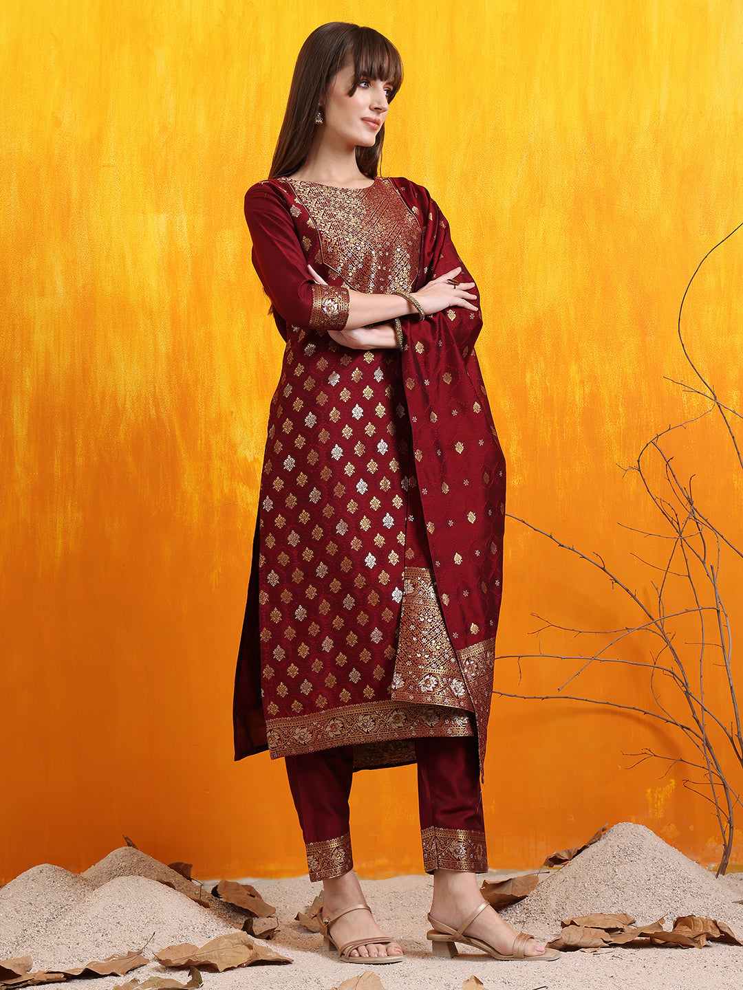 Banarasi Jacquard Kurta With Pant & Banarasi Jacquard Dupatta, Maroon - Hiral Fashion | Grocsy