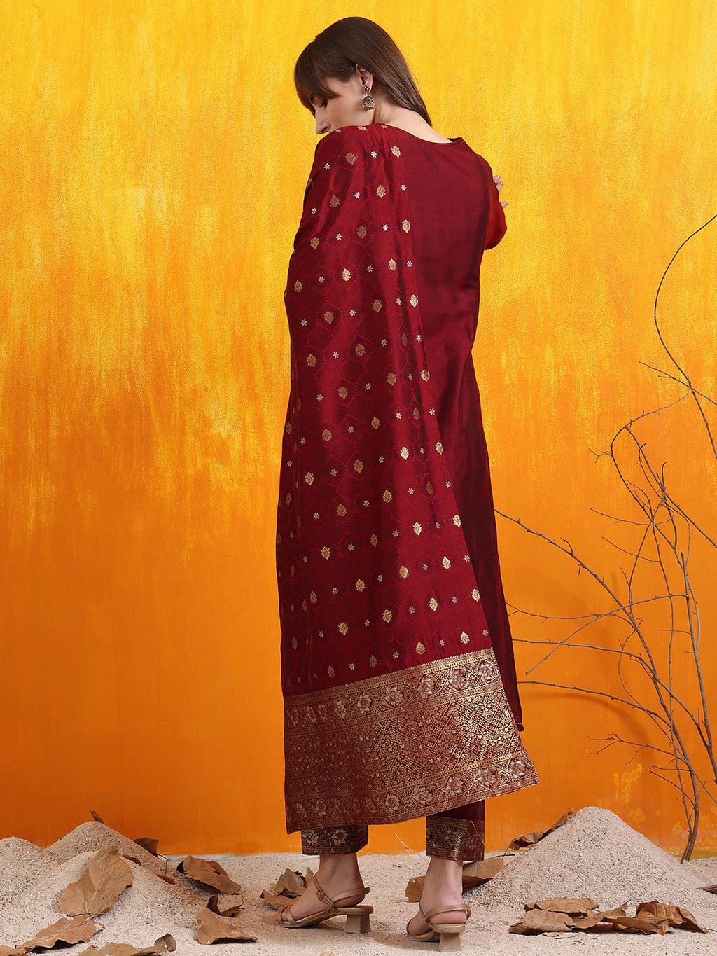 Banarasi Jacquard Kurta With Pant & Banarasi Jacquard Dupatta, Maroon - Hiral Fashion | Grocsy