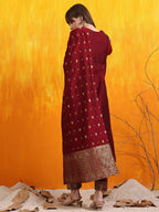 Banarasi Jacquard Kurta With Pant & Banarasi Jacquard Dupatta, Maroon - Hiral Fashion | Grocsy