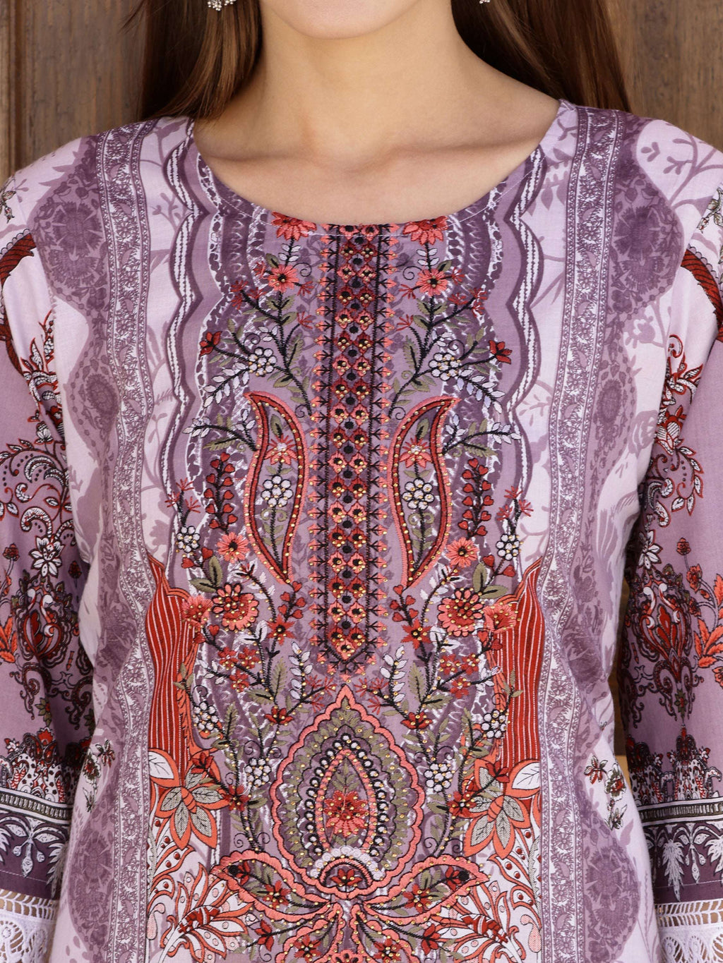 Pakistani Embroidered & Printed Kurta With Pant & Dupatta, Lavender - Hiral Fashion | Grocsy