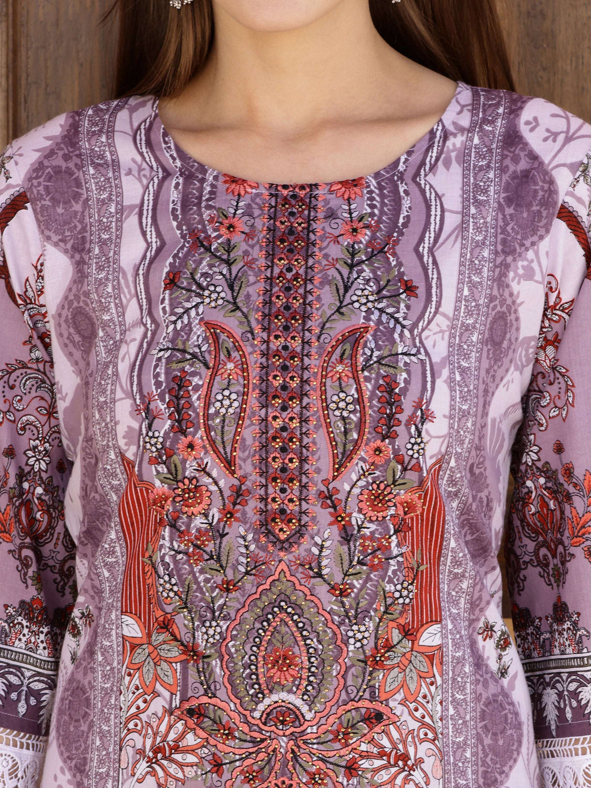 Pakistani Embroidered & Printed Kurta With Pant & Dupatta, Lavender - Hiral Fashion | Grocsy