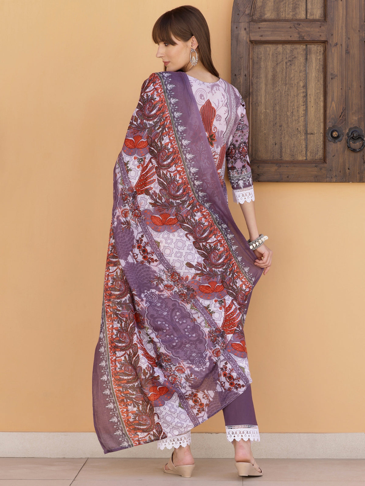 Pakistani Embroidered & Printed Kurta With Pant & Dupatta, Lavender - Hiral Fashion | Grocsy