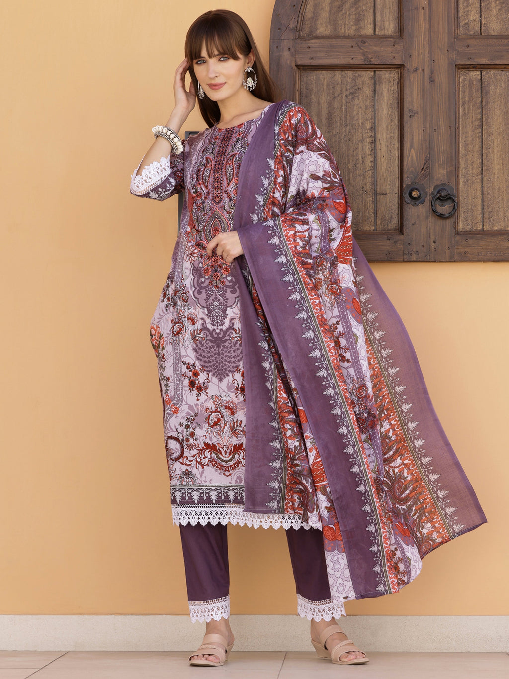 Pakistani Embroidered & Printed Kurta With Pant & Dupatta, Lavender - Hiral Fashion | Grocsy