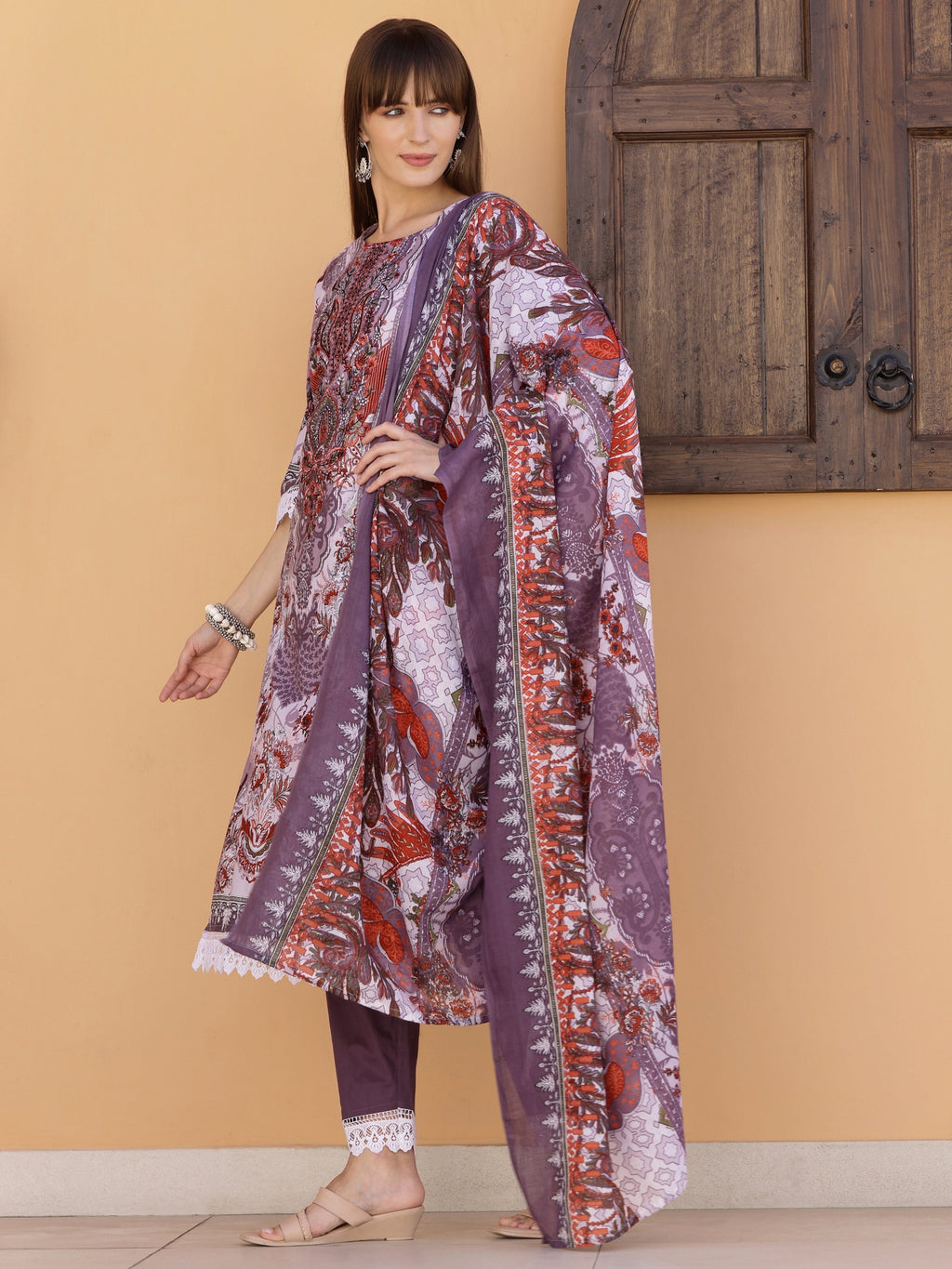 Pakistani Embroidered & Printed Kurta With Pant & Dupatta, Lavender - Hiral Fashion | Grocsy
