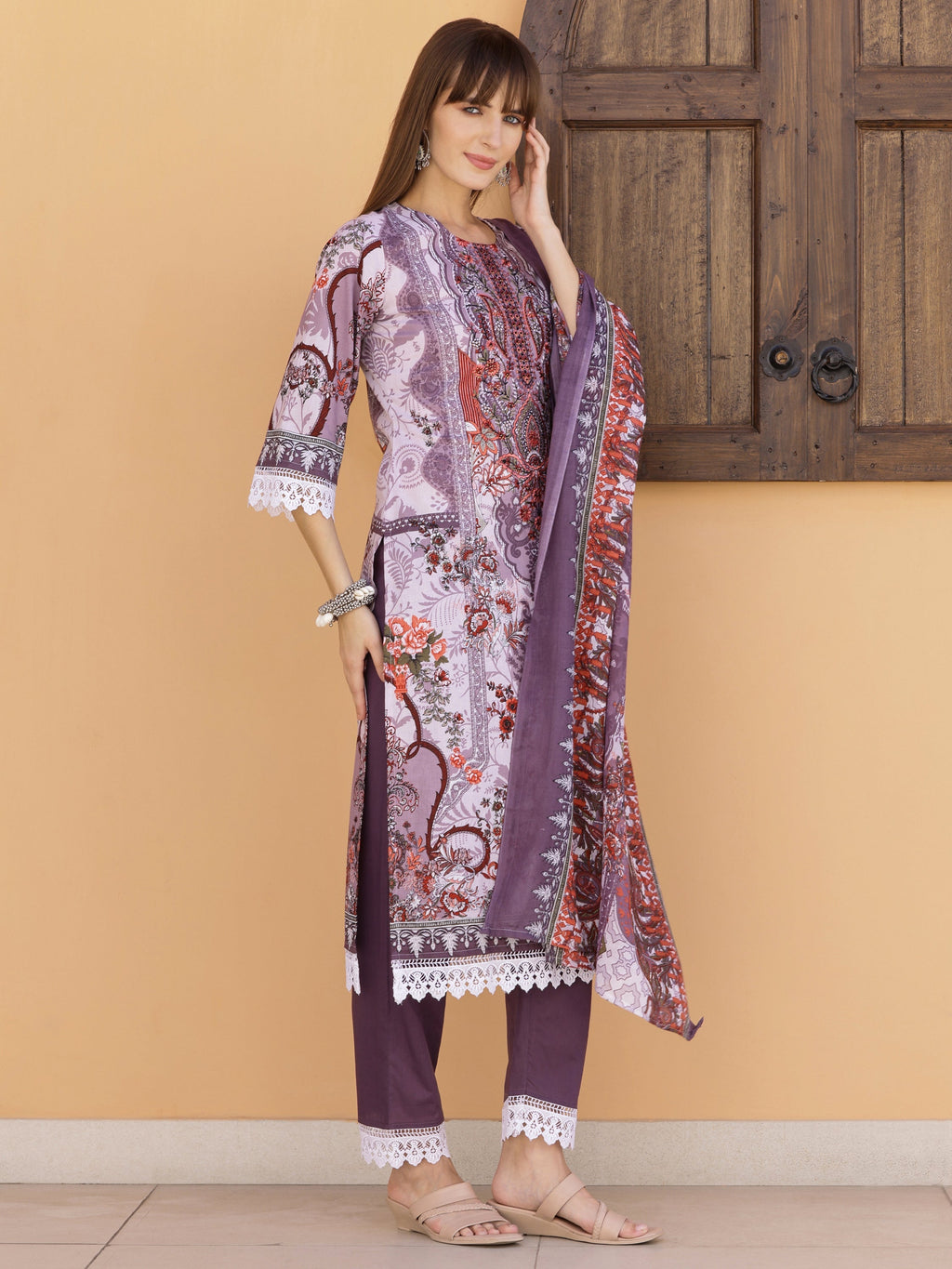 Pakistani Embroidered & Printed Kurta With Pant & Dupatta, Lavender - Hiral Fashion | Grocsy