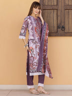 Pakistani Embroidered & Printed Kurta With Pant & Dupatta, Lavender - Hiral Fashion | Grocsy