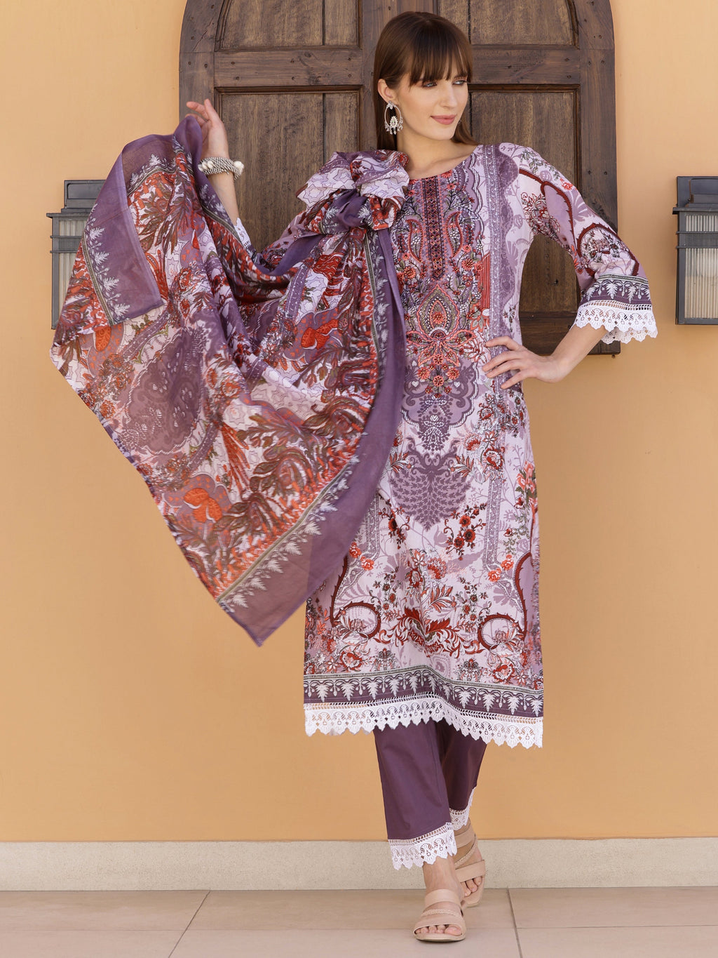Pakistani Embroidered & Printed Kurta With Pant & Dupatta, Lavender - Hiral Fashion | Grocsy