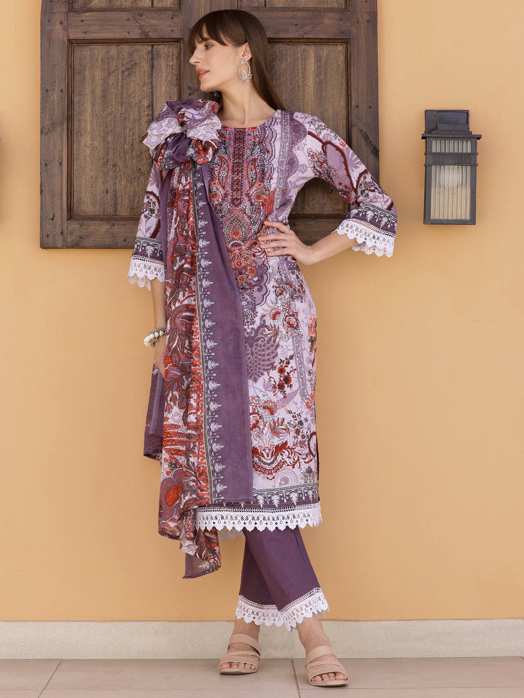 Pakistani Embroidered & Printed Kurta With Pant & Dupatta, Lavender - Hiral Fashion | Grocsy
