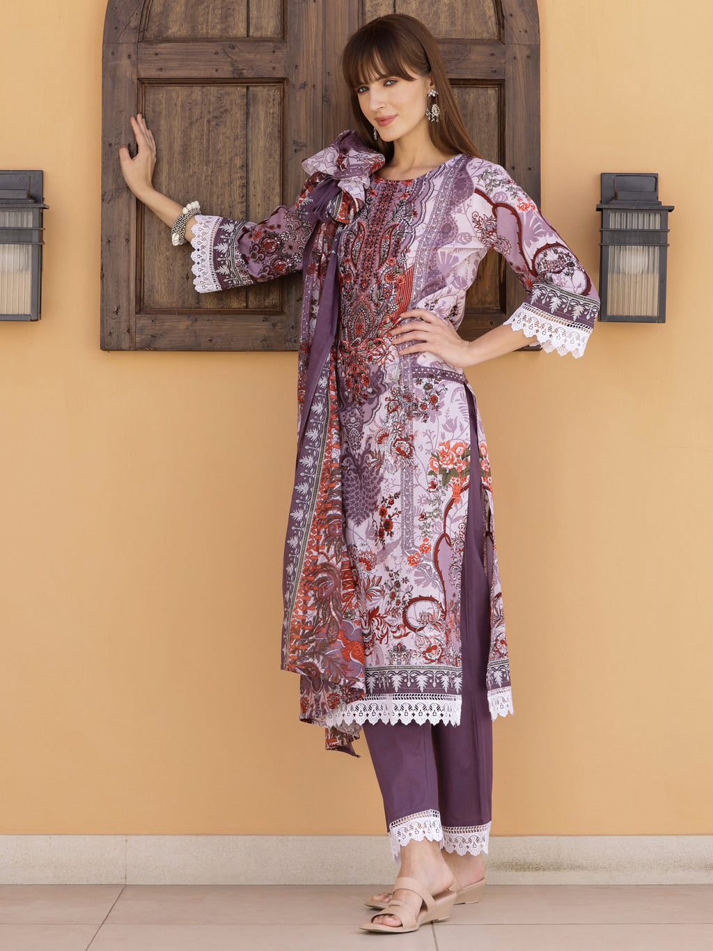 Pakistani Embroidered & Printed Kurta With Pant & Dupatta, Lavender - Hiral Fashion | Grocsy