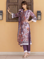 Pakistani Embroidered & Printed Kurta With Pant & Dupatta, Lavender - Hiral Fashion | Grocsy