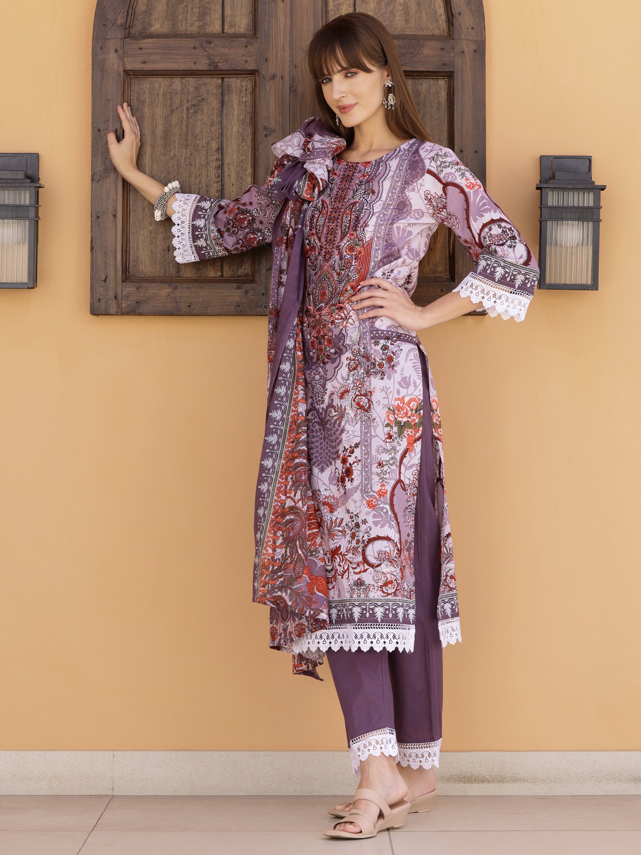 Pakistani Embroidered & Printed Kurta With Pant & Dupatta, Lavender - Hiral Fashion | Grocsy