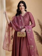 Angarkha Style Kurta With Pant & Embroidered Organza Dupatta, Mauve - Hiral Fashion | Grocsy