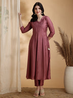 Angarkha Style Kurta With Pant & Embroidered Organza Dupatta, Mauve - Hiral Fashion | Grocsy