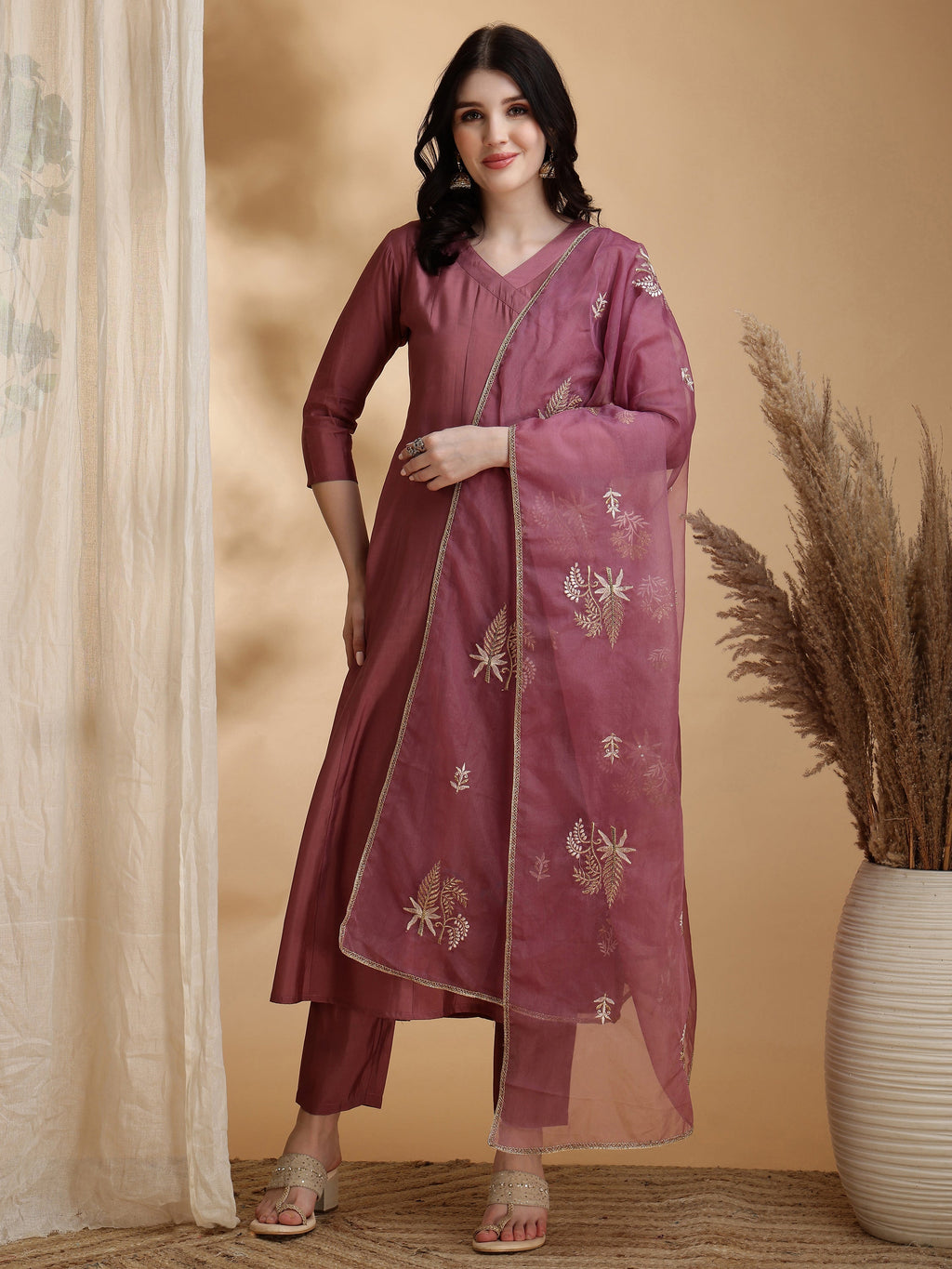 Angarkha Style Kurta With Pant & Embroidered Organza Dupatta, Mauve - Hiral Fashion | Grocsy