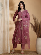 Angarkha Style Kurta With Pant & Embroidered Organza Dupatta, Mauve - Hiral Fashion | Grocsy