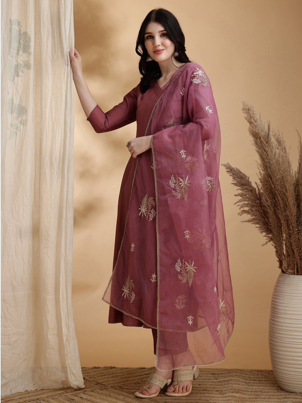 Angarkha Style Kurta With Pant & Embroidered Organza Dupatta, Mauve - Hiral Fashion | Grocsy