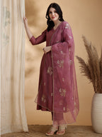Angarkha Style Kurta With Pant & Embroidered Organza Dupatta, Mauve - Hiral Fashion | Grocsy
