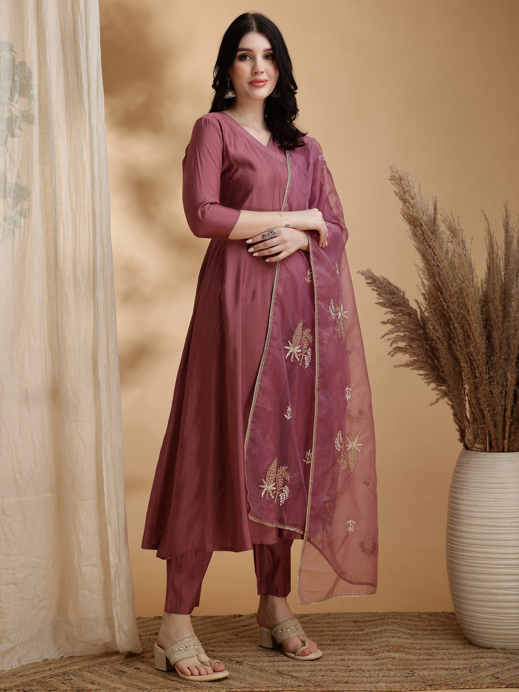 Angarkha Style Kurta With Pant & Embroidered Organza Dupatta, Mauve - Hiral Fashion | Grocsy