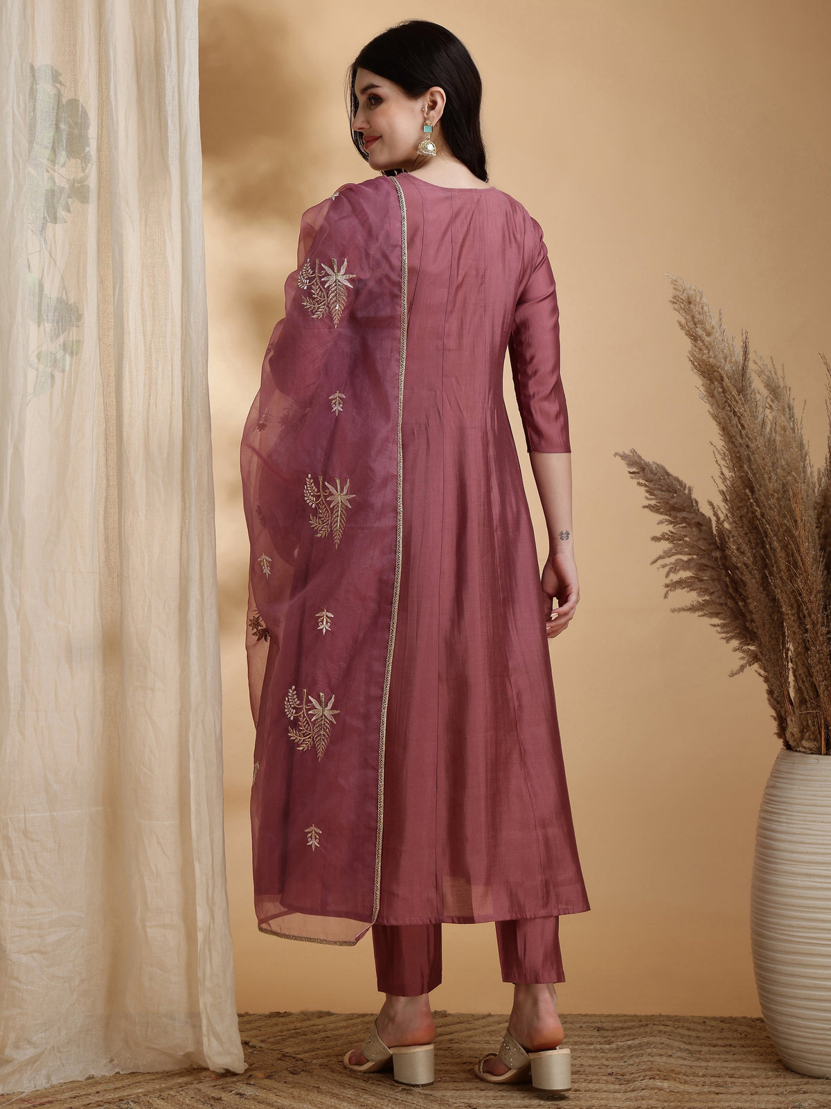 Angarkha Style Kurta With Pant & Embroidered Organza Dupatta, Mauve - Hiral Fashion | Grocsy