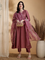 Angarkha Style Kurta With Pant & Embroidered Organza Dupatta, Mauve - Hiral Fashion | Grocsy