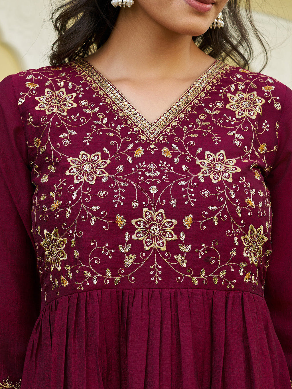 Emboidered Flared Kurta With Pant & Embroidered Dupatta, Maroon - Hiral Fashion | Grocsy