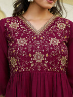 Emboidered Flared Kurta With Pant & Embroidered Dupatta, Maroon - Hiral Fashion | Grocsy