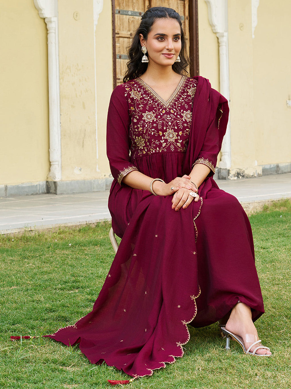 Emboidered Flared Kurta With Pant & Embroidered Dupatta, Maroon - Hiral Fashion | Grocsy