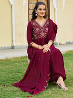 Emboidered Flared Kurta With Pant & Embroidered Dupatta, Maroon - Hiral Fashion | Grocsy