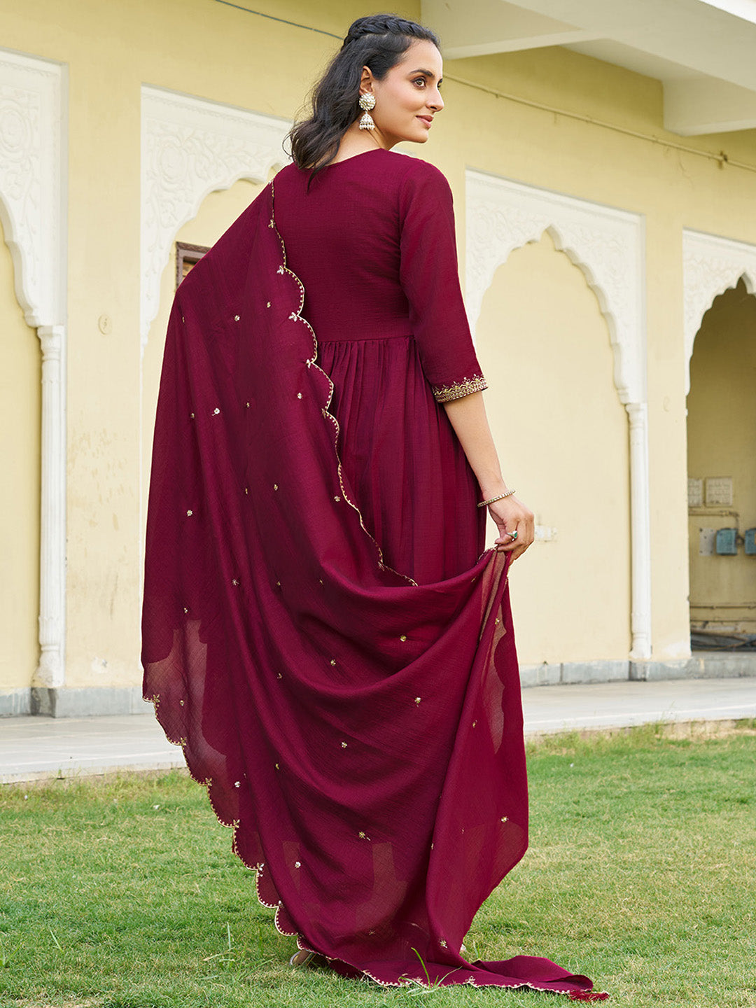 Emboidered Flared Kurta With Pant & Embroidered Dupatta, Maroon - Hiral Fashion | Grocsy