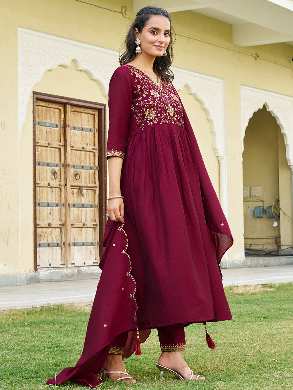 Emboidered Flared Kurta With Pant & Embroidered Dupatta, Maroon - Hiral Fashion | Grocsy