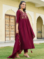 Emboidered Flared Kurta With Pant & Embroidered Dupatta, Maroon - Hiral Fashion | Grocsy