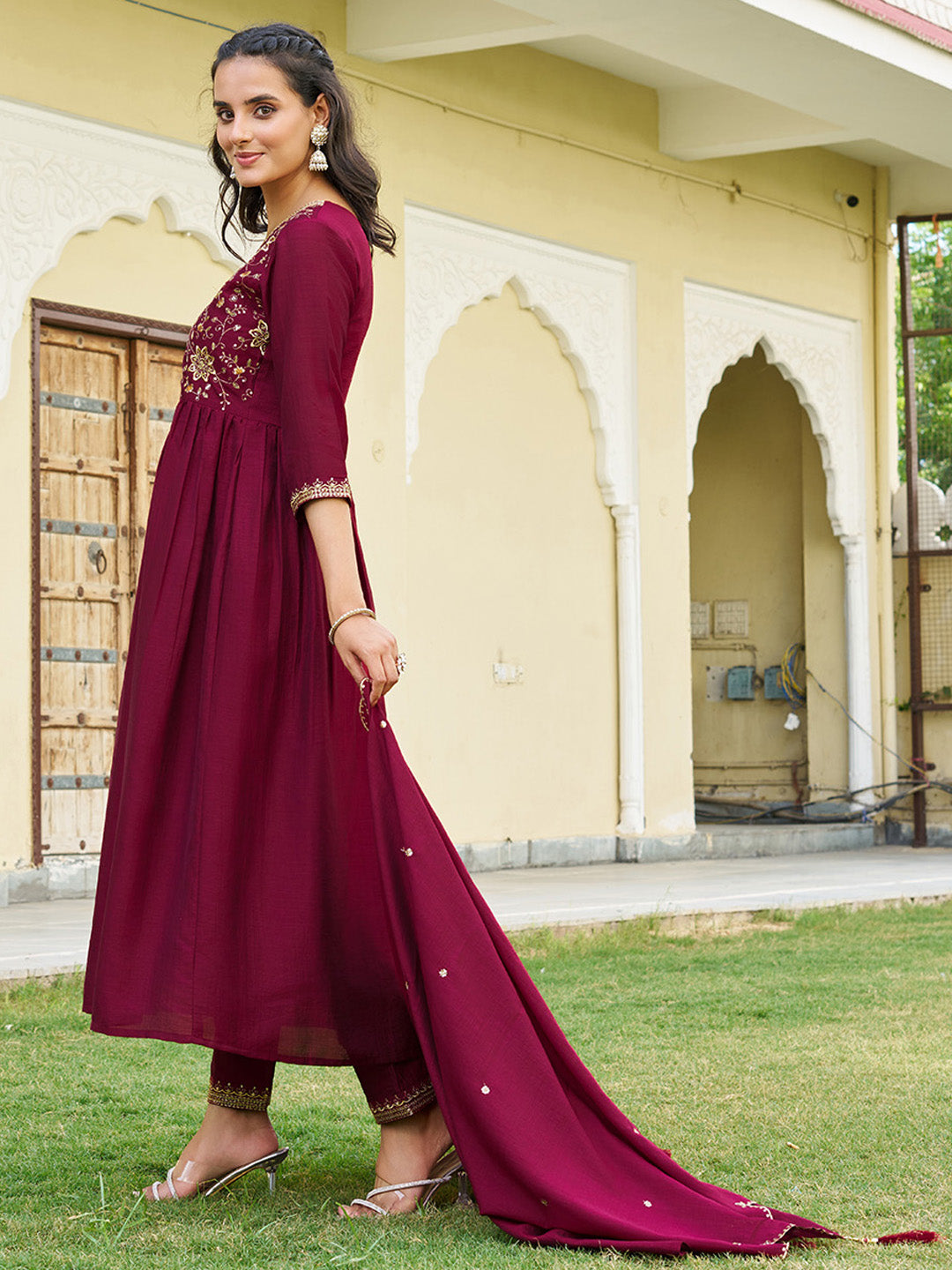 Emboidered Flared Kurta With Pant & Embroidered Dupatta, Maroon - Hiral Fashion | Grocsy