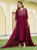 Emboidered Flared Kurta With Pant & Embroidered Dupatta, Maroon - Hiral Fashion | Grocsy