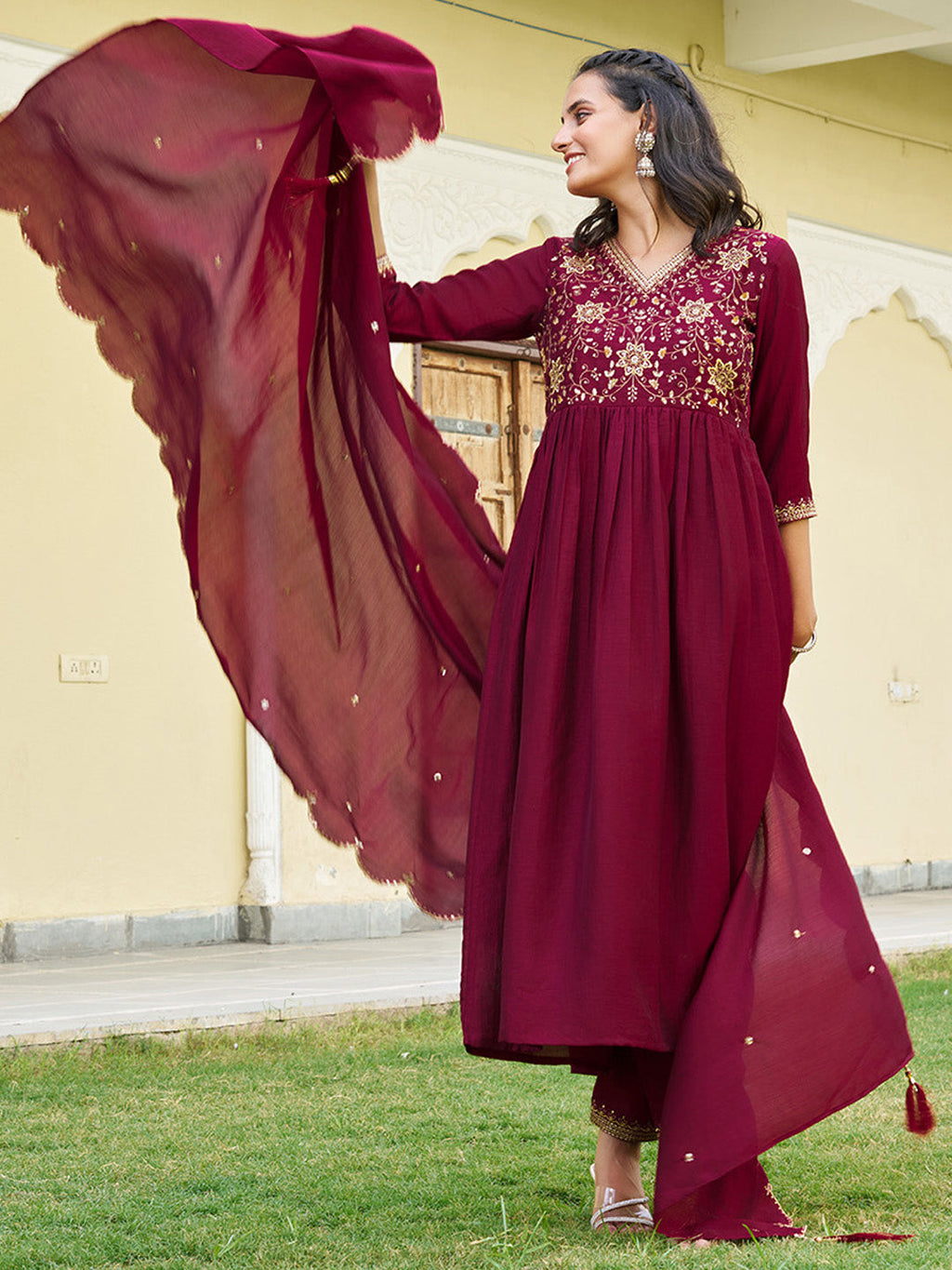 Emboidered Flared Kurta With Pant & Embroidered Dupatta, Maroon - Hiral Fashion | Grocsy