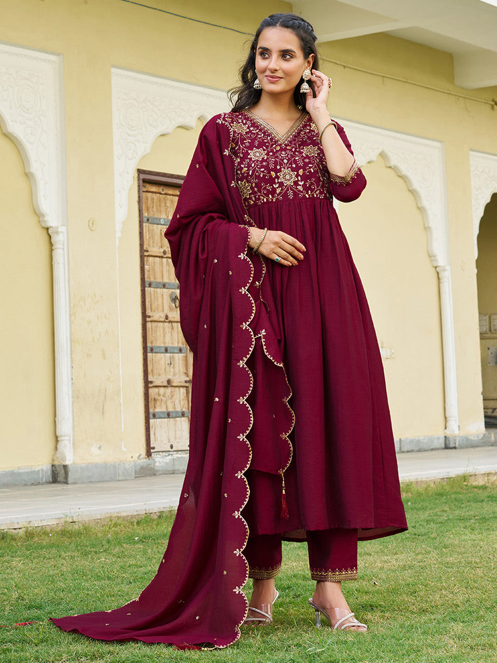Emboidered Flared Kurta With Pant & Embroidered Dupatta, Maroon - Hiral Fashion | Grocsy