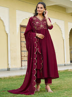 Emboidered Flared Kurta With Pant & Embroidered Dupatta, Maroon - Hiral Fashion | Grocsy