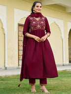 Emboidered Flared Kurta With Pant & Embroidered Dupatta, Maroon - Hiral Fashion | Grocsy