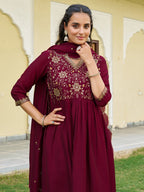 Emboidered Flared Kurta With Pant & Embroidered Dupatta, Maroon - Hiral Fashion | Grocsy