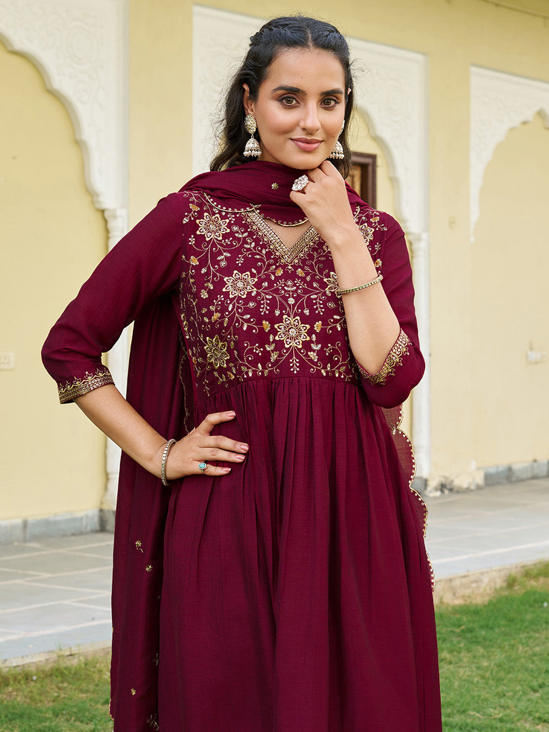 Emboidered Flared Kurta With Pant & Embroidered Dupatta, Maroon - Hiral Fashion | Grocsy