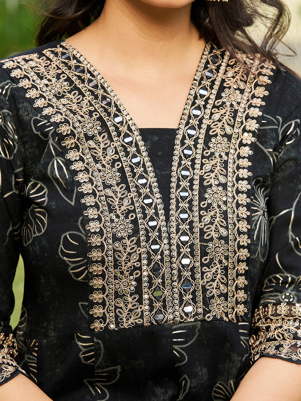 Mirror Embroidered Anarkali Kurta With Matching Pant & Embroidered Chiffon Dupatta, Black - Hiral Fashion | Grocsy