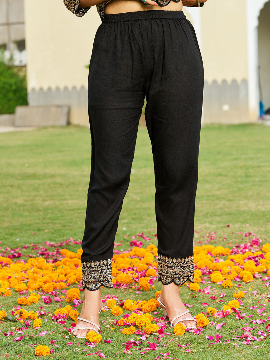 Mirror Embroidered Anarkali Kurta With Matching Pant & Embroidered Chiffon Dupatta, Black - Hiral Fashion | Grocsy