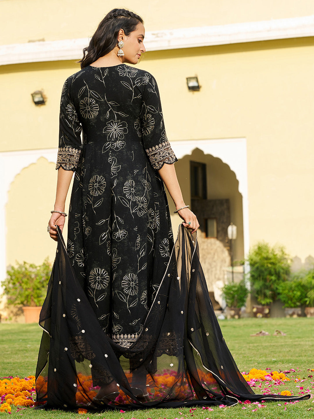 Mirror Embroidered Anarkali Kurta With Matching Pant & Embroidered Chiffon Dupatta, Black - Hiral Fashion | Grocsy
