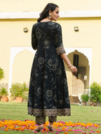 Mirror Embroidered Anarkali Kurta With Matching Pant & Embroidered Chiffon Dupatta, Black - Hiral Fashion | Grocsy