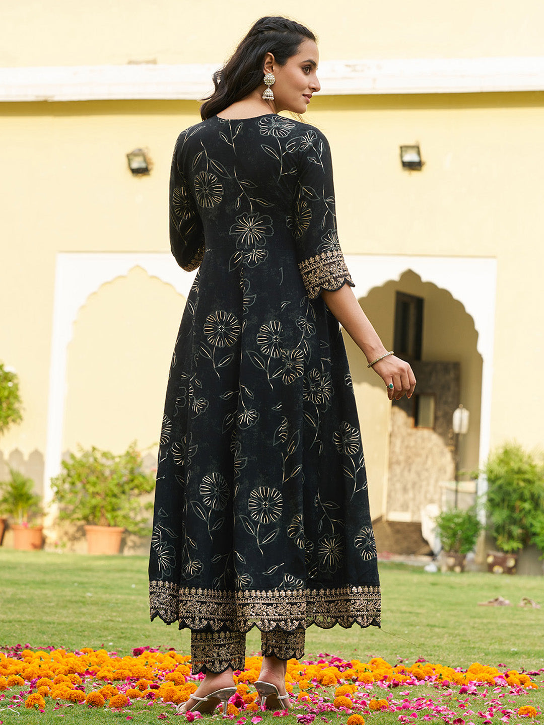 Mirror Embroidered Anarkali Kurta With Matching Pant & Embroidered Chiffon Dupatta, Black - Hiral Fashion | Grocsy
